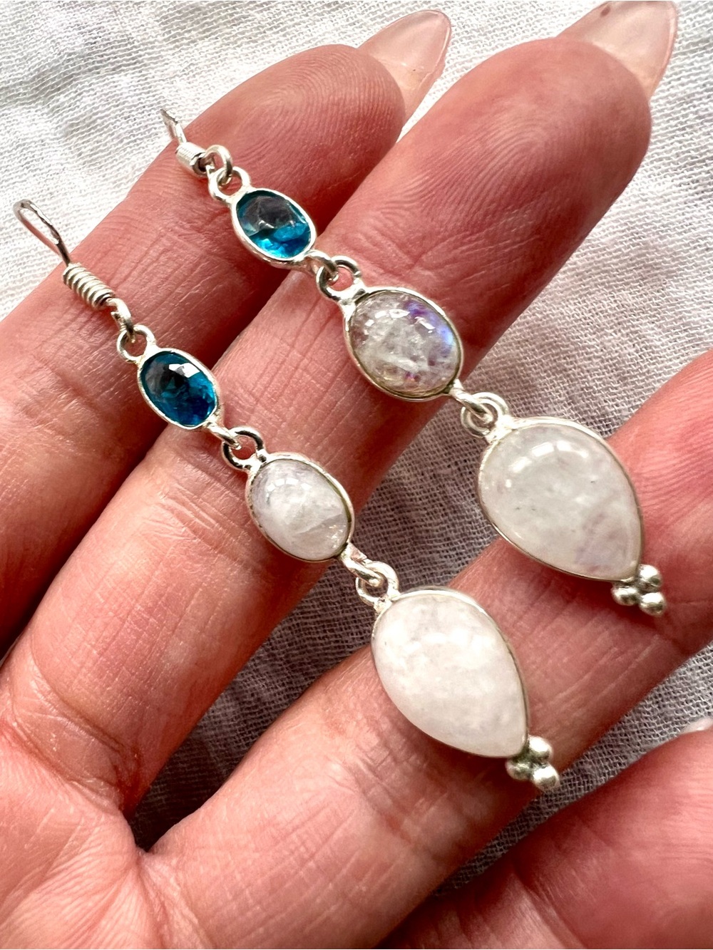 925 Ethereal Moonstone + Swiss Blue Topaz Long Earrings - Picture 6 of 7